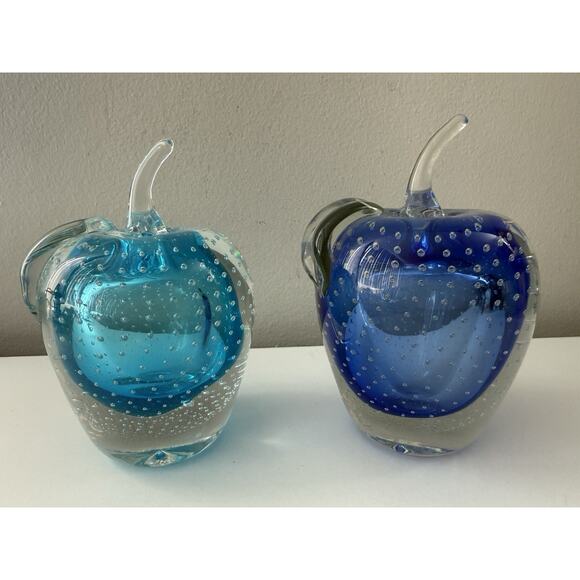 Unbranded Other - Vintage Murano Style Blue Glass Apple Paperweights Lot of 2 Heavy 6.5”